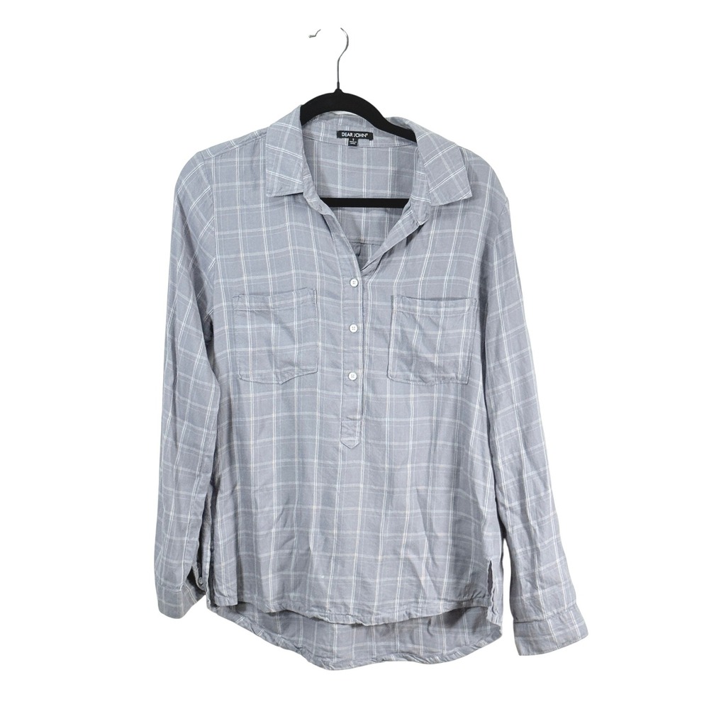 DEAR JOHN Plaid Button Down Shirt Long Sleeve Pullover Grey‎ White Sz S academia